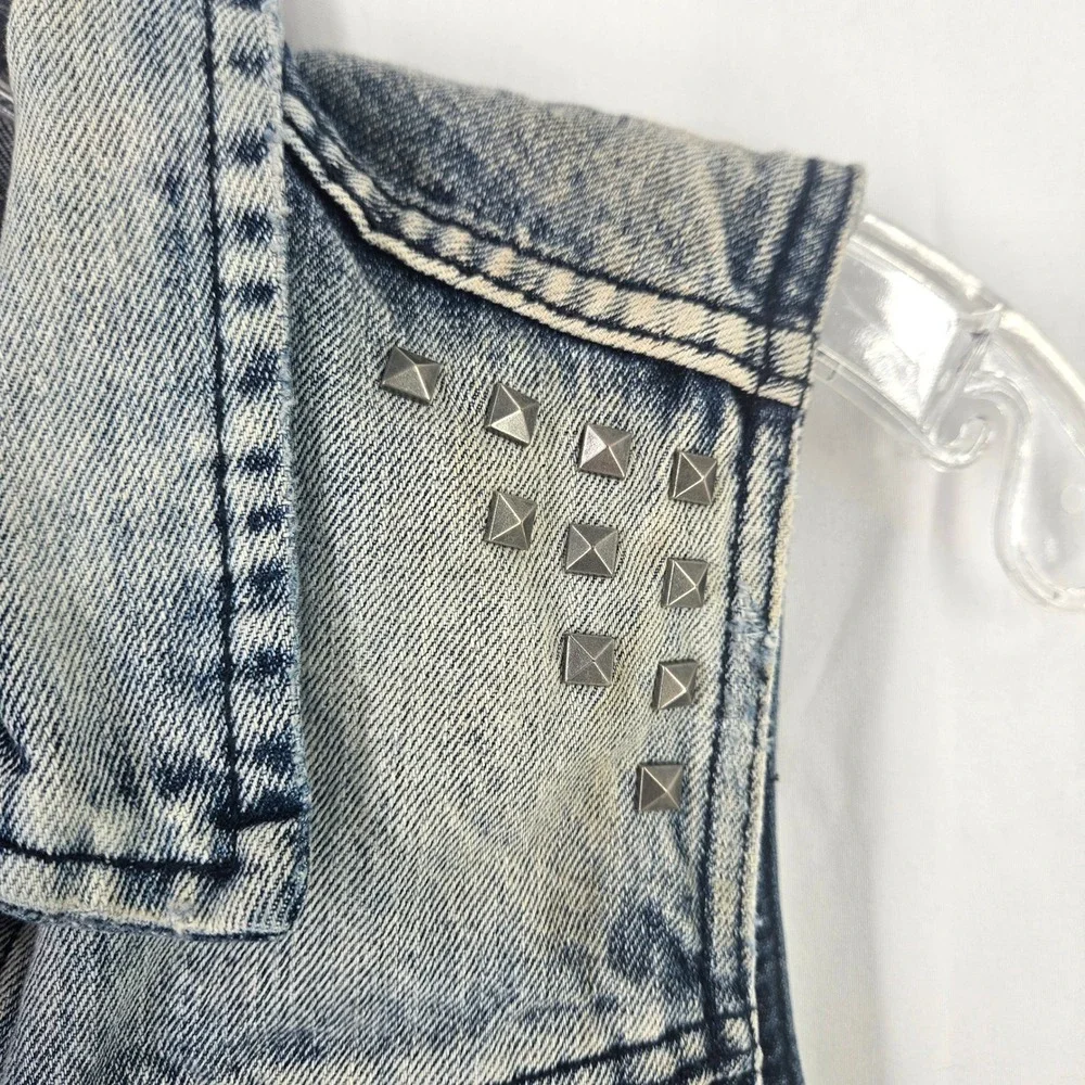 Vintage y2k Distressed Studded Denim Trucker Punk Grunge Jean Jacket Vest‎ Jr Sm